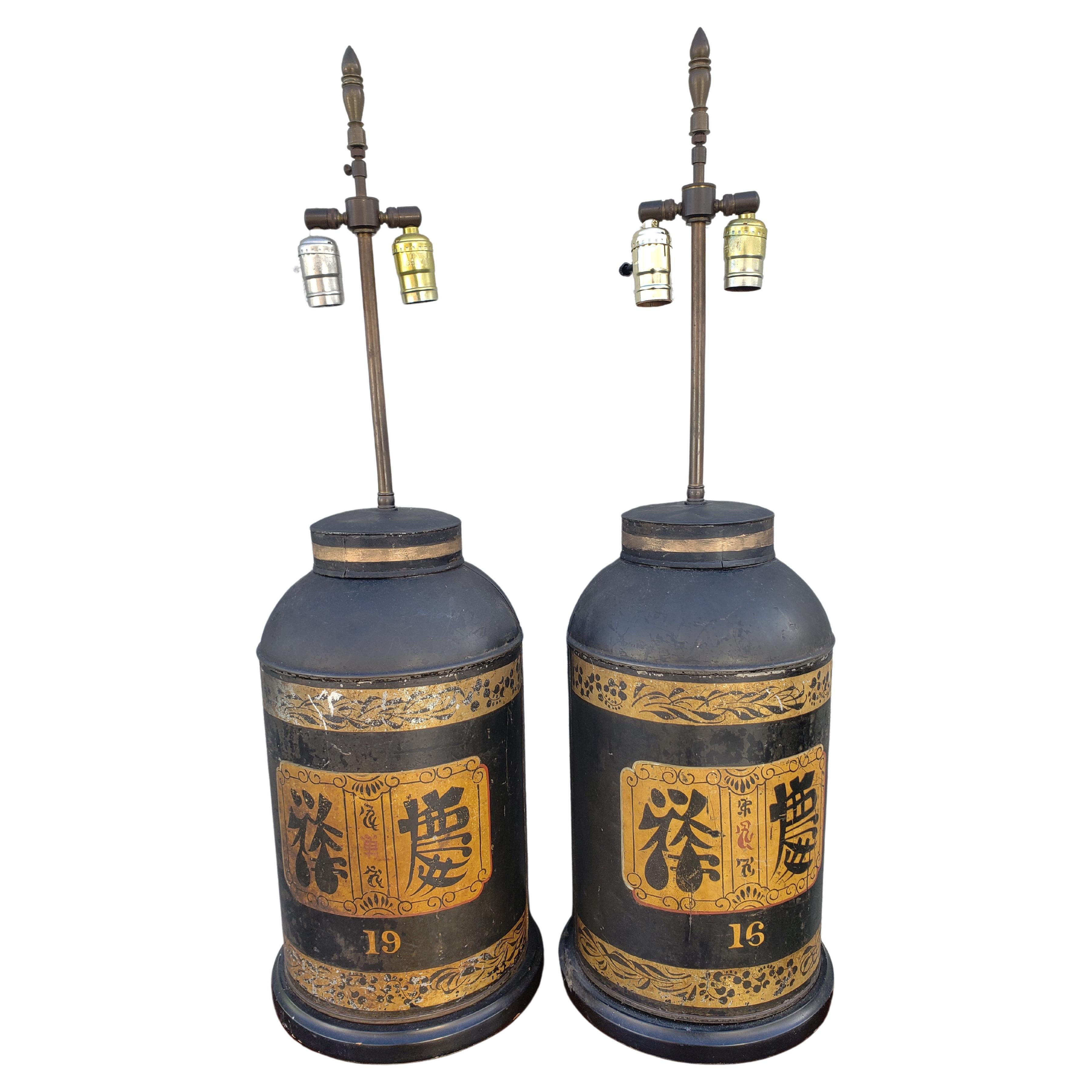 Pair of 19th Century Parcel Gilt and Ebonized Tea Canister Dual Lights Lamps In Fair Condition For Sale In Germantown, MD