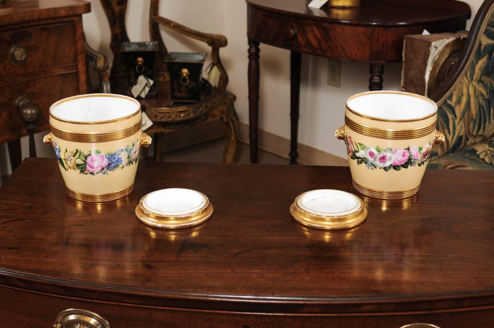 Pair of 19th Century Paris Porcelain Cachepots with Yellow Ground & Floral Decor For Sale 7