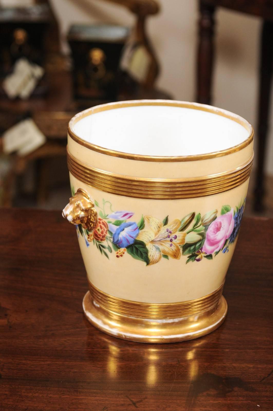 Pair of 19th Century Paris Porcelain Cachepots with Yellow Ground & Floral Decor In Good Condition For Sale In Atlanta, GA