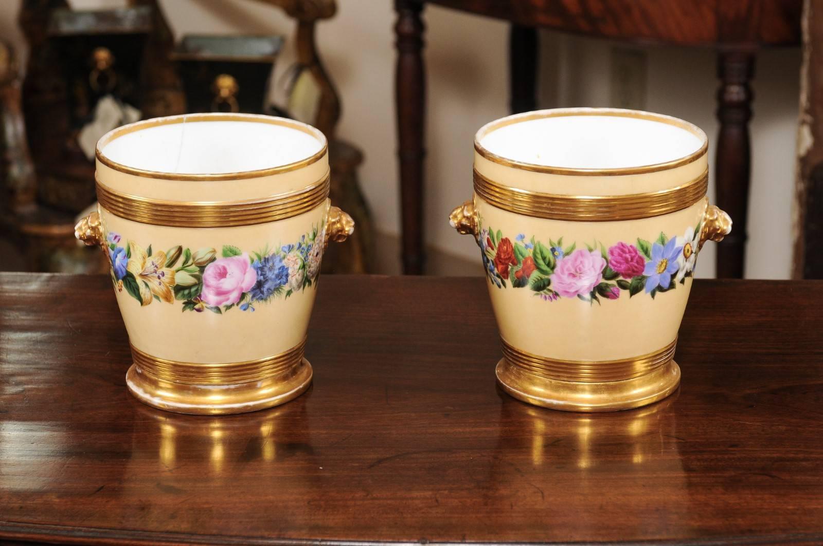Pair of 19th Century Paris Porcelain Cachepots with Yellow Ground & Floral Decor For Sale 1