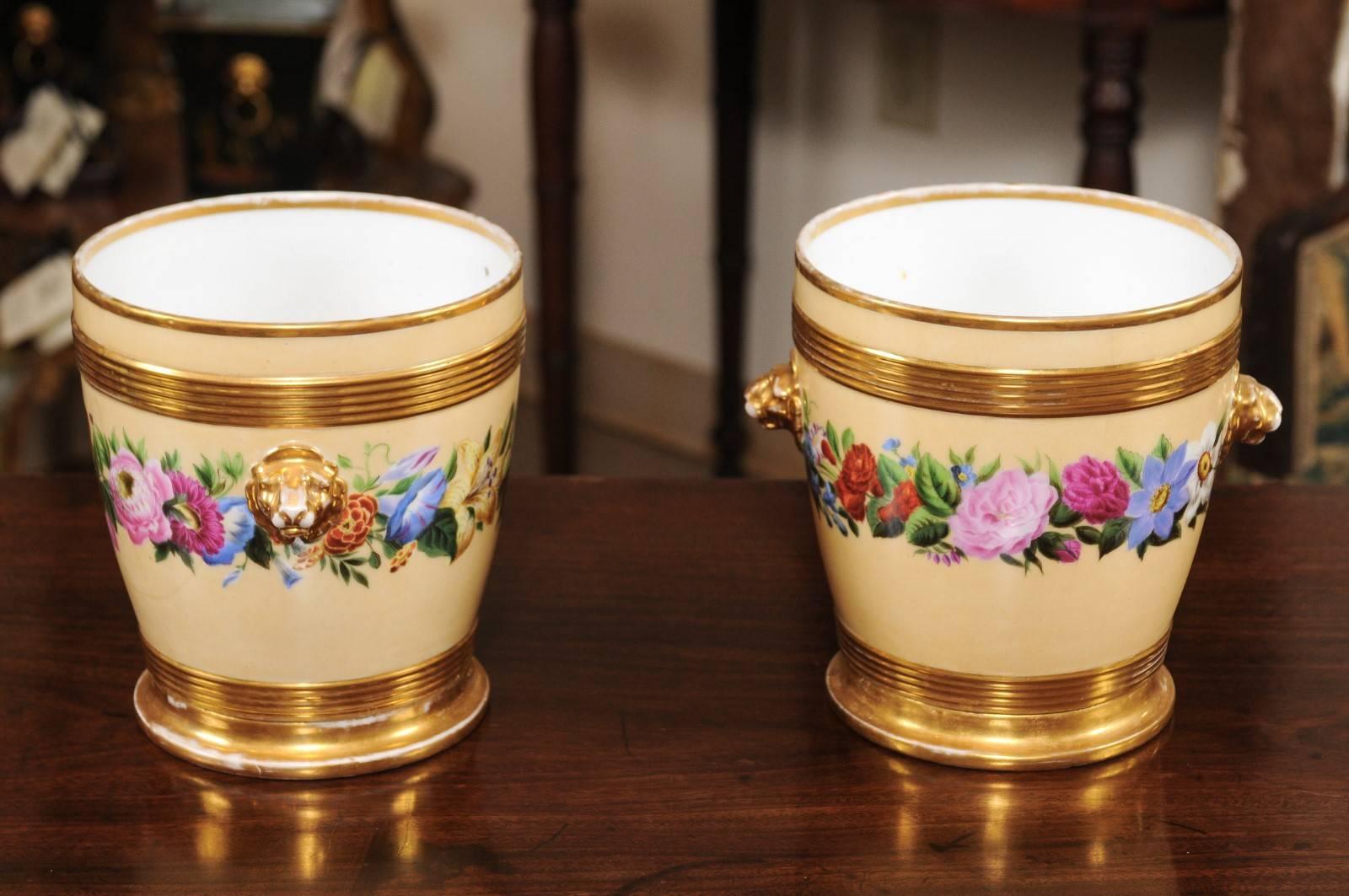 Pair of 19th Century Paris Porcelain Cachepots with Yellow Ground & Floral Decor For Sale 2