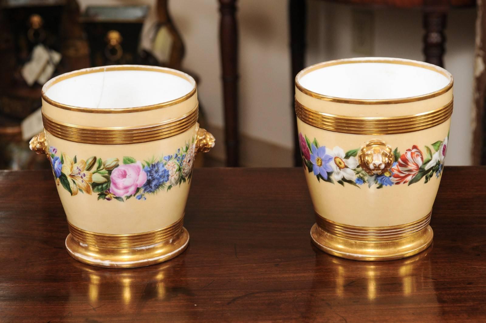 Pair of 19th Century Paris Porcelain Cachepots with Yellow Ground & Floral Decor For Sale 5