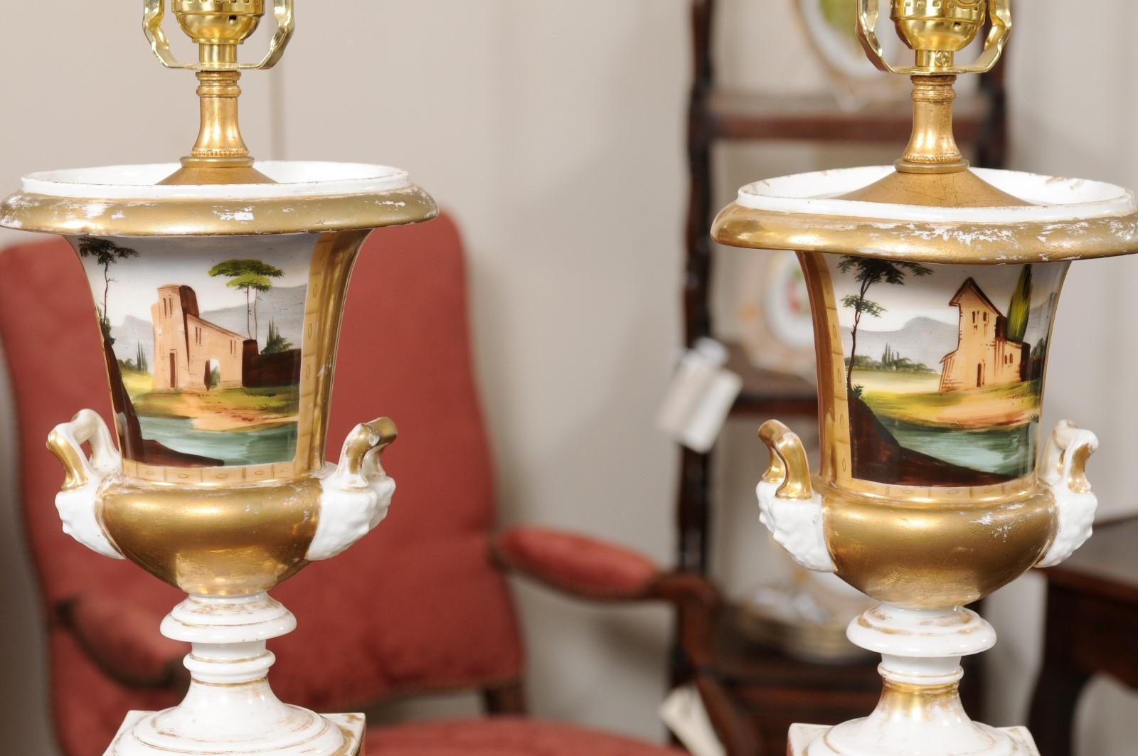  Pair of 19th Century Paris Porcelain Urns, wired as Lamps For Sale 9