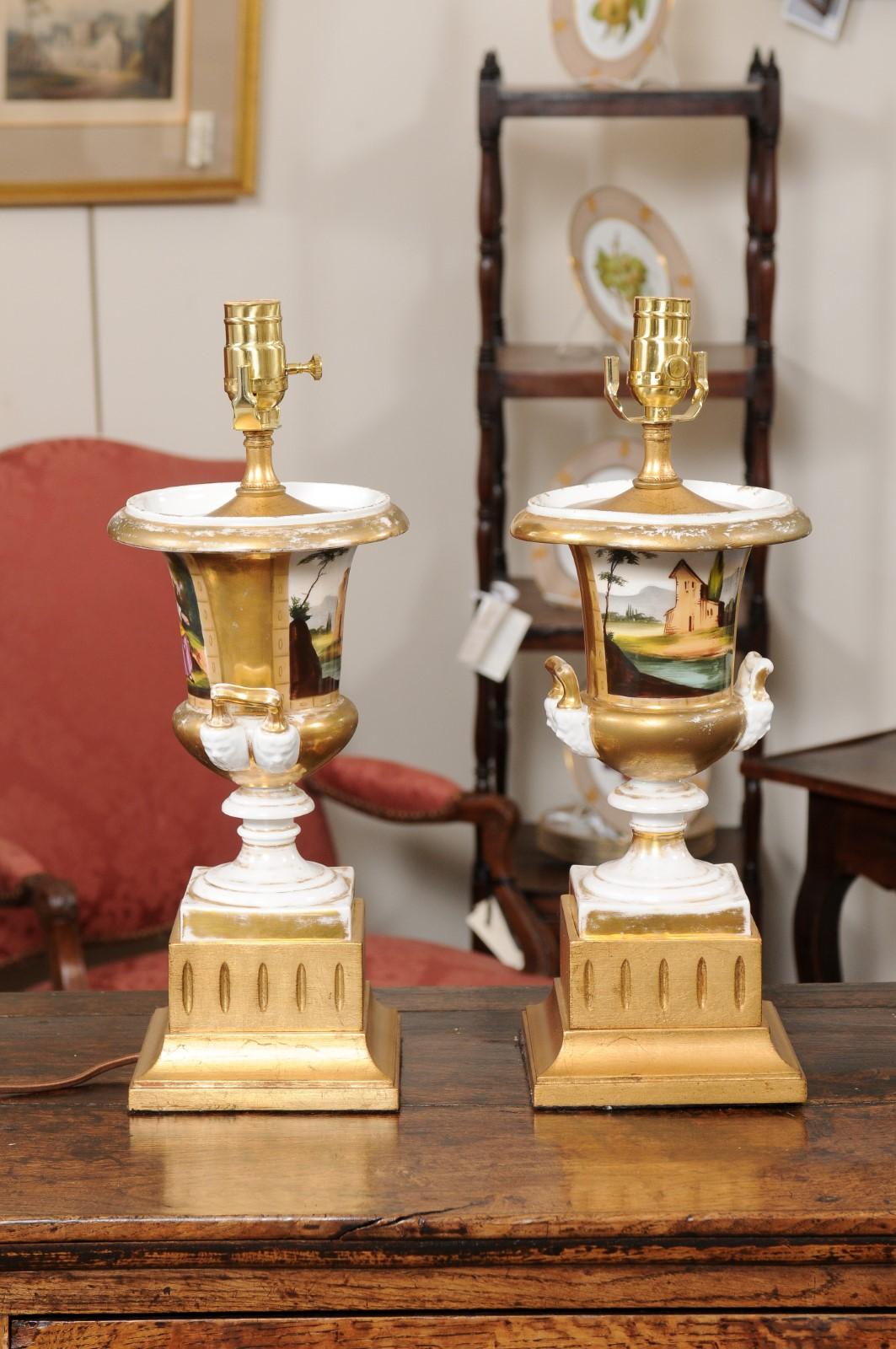 French  Pair of 19th Century Paris Porcelain Urns, wired as Lamps For Sale