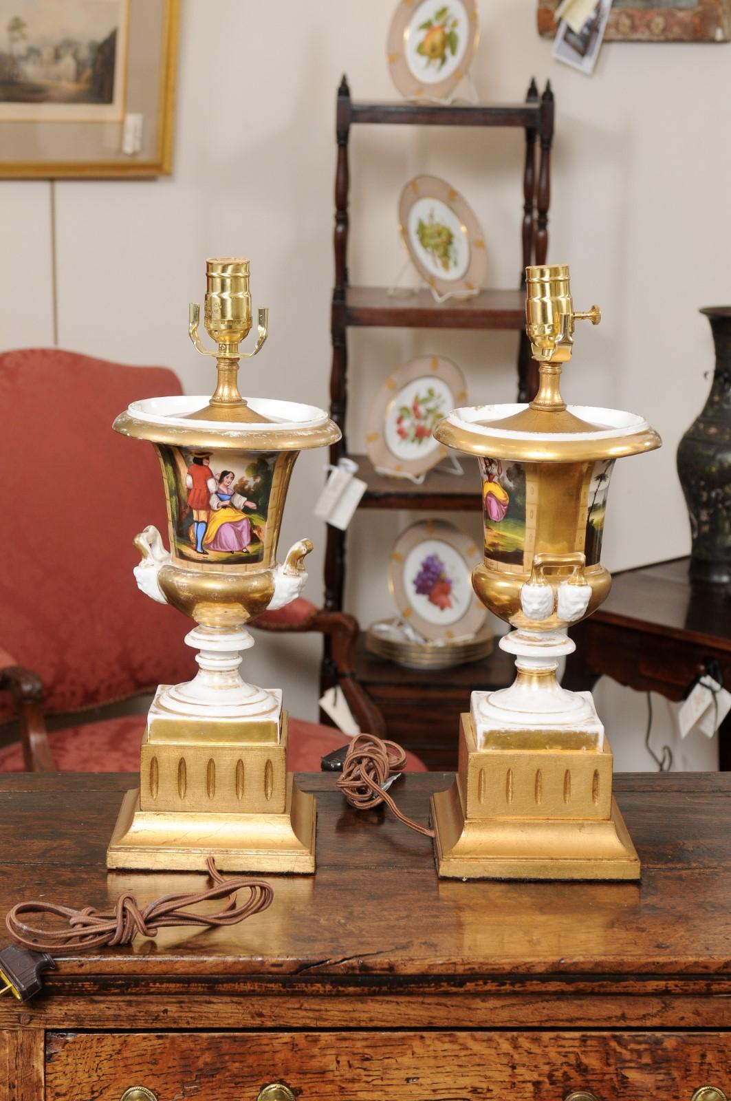  Pair of 19th Century Paris Porcelain Urns, wired as Lamps In Good Condition For Sale In Atlanta, GA