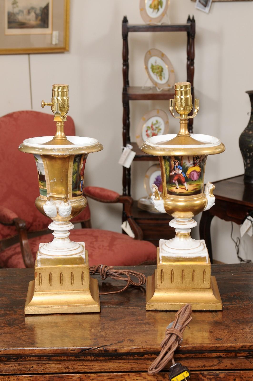  Pair of 19th Century Paris Porcelain Urns, wired as Lamps For Sale 2