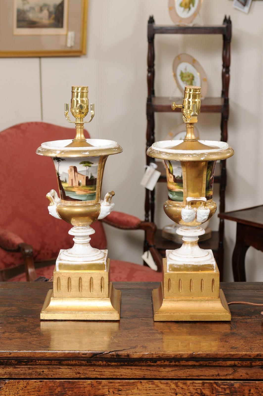  Pair of 19th Century Paris Porcelain Urns, wired as Lamps For Sale 3