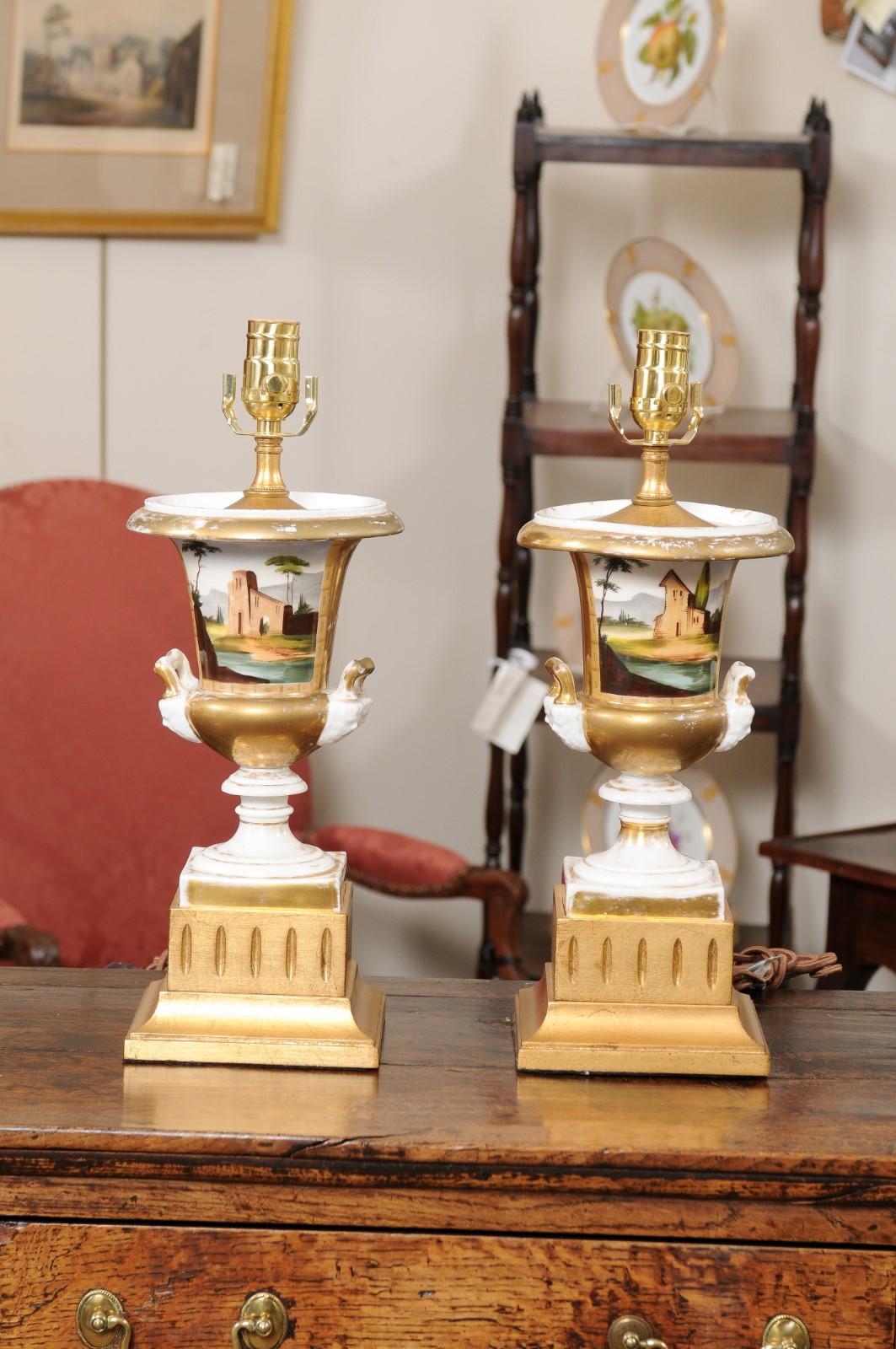  Pair of 19th Century Paris Porcelain Urns, wired as Lamps For Sale 4