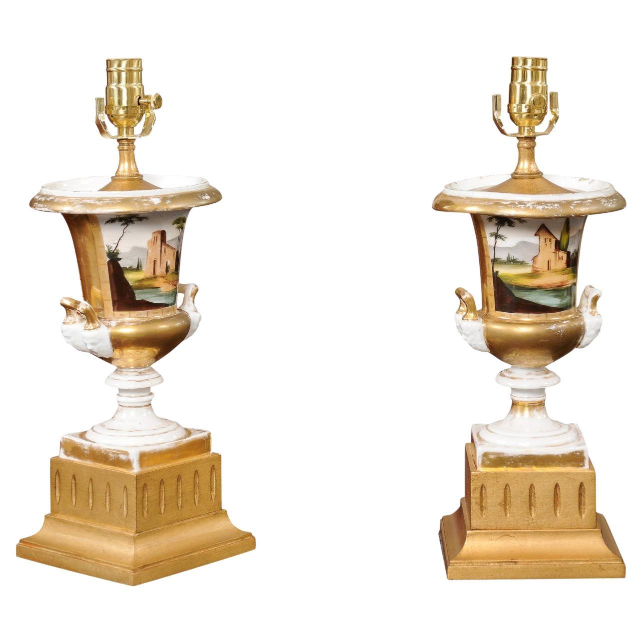  Pair of 19th Century Paris Porcelain Urns, wired as Lamps For Sale