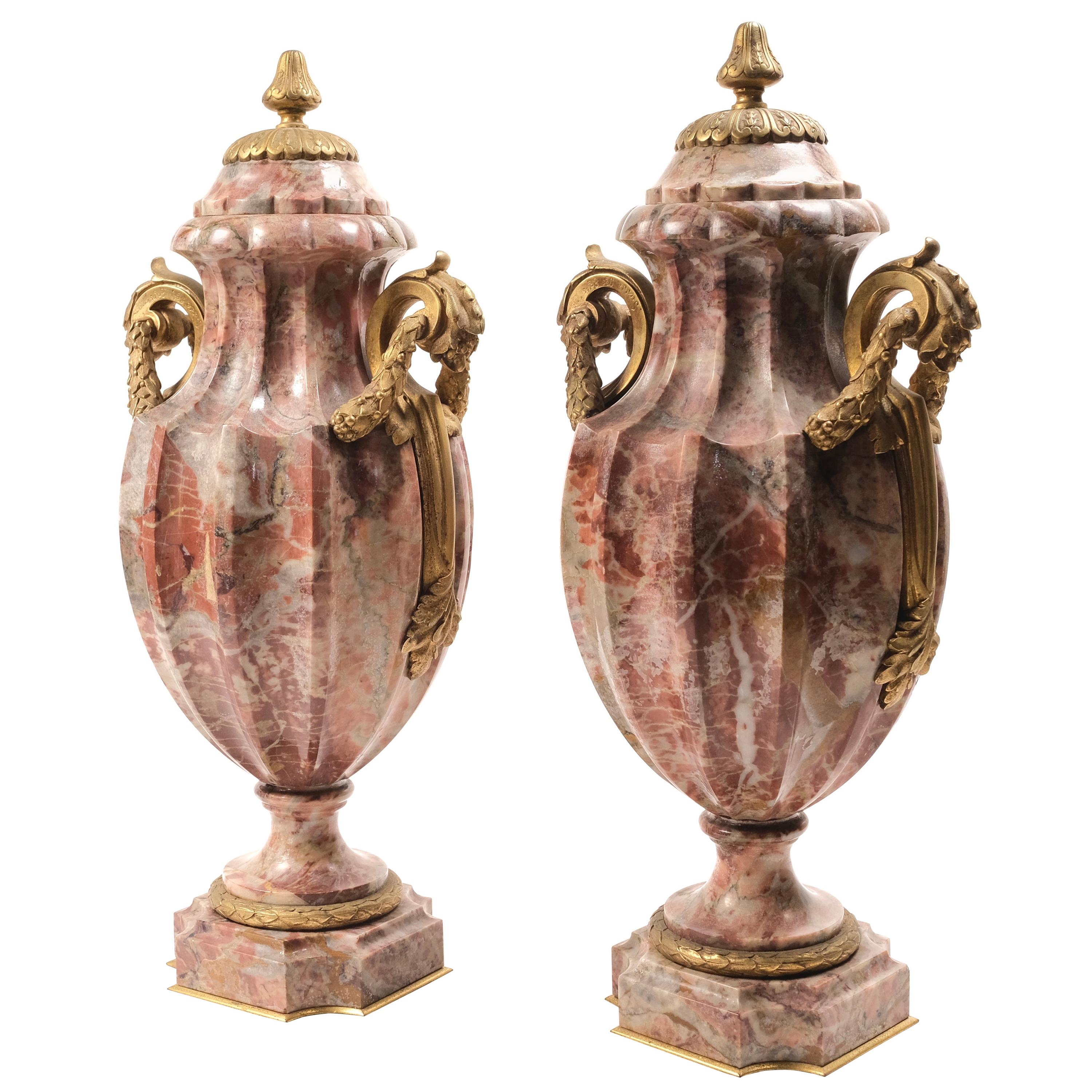 Pair of 19th Century Paris Rose Marble Urns For Sale