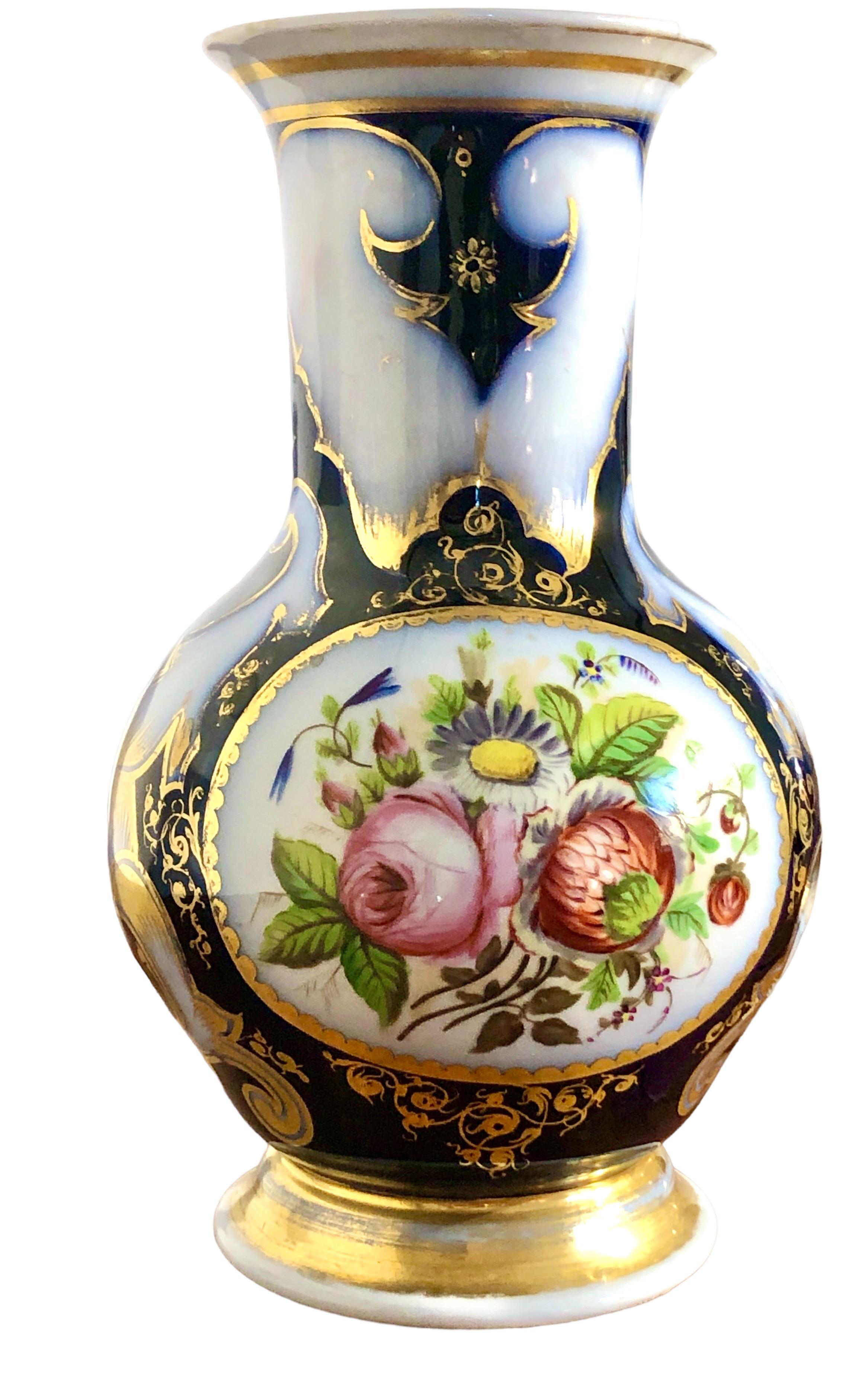 Hand-Painted 19th C. Paris Porcelain Pair of Vases For Sale