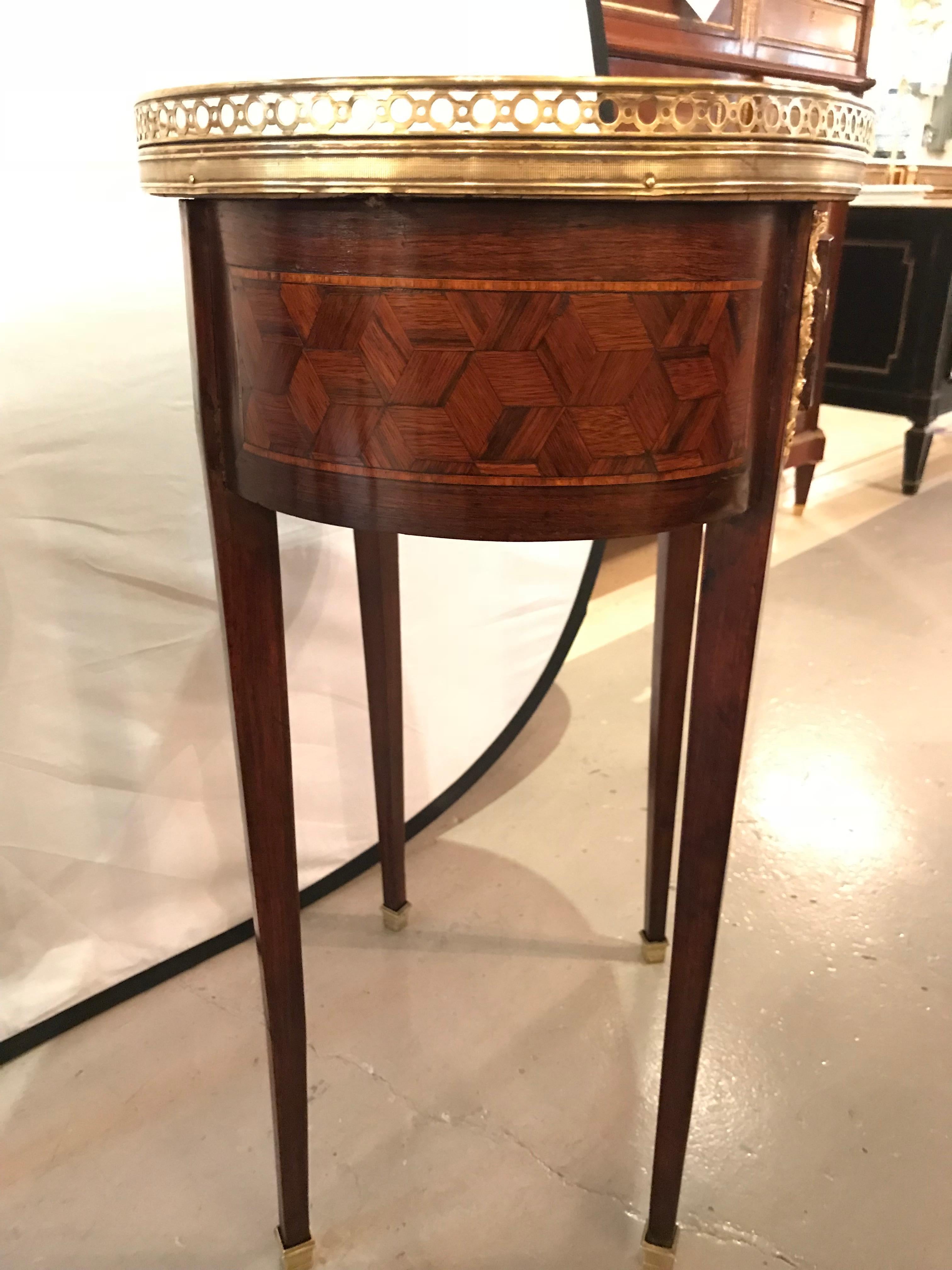 Pair of 19th Century Parquetry Inlaid Oval Marble-Top End Tables or Lamp Tables 1