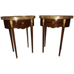 Pair of 19th Century Parquetry Inlaid Oval Marble-Top End Tables or Lamp Tables