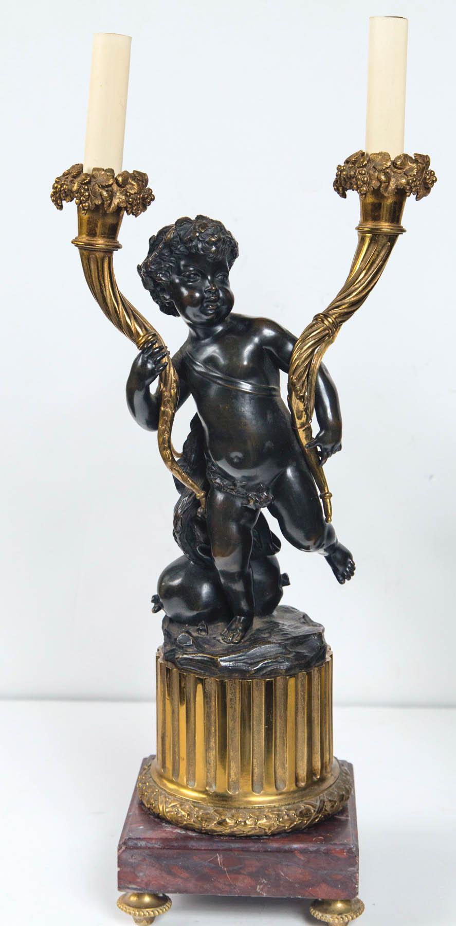Neoclassical Pair of 19th Century, Patinated and Lacquered Bronze Putti Candelabra For Sale
