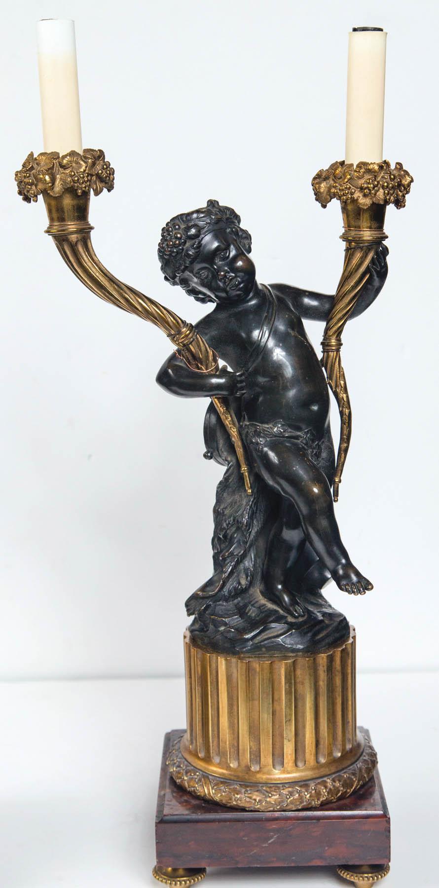 French Pair of 19th Century, Patinated and Lacquered Bronze Putti Candelabra For Sale