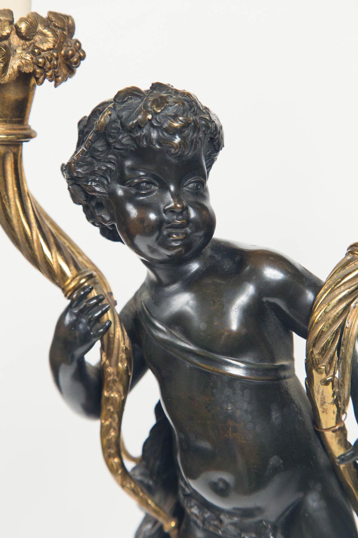 Pair of 19th Century, Patinated and Lacquered Bronze Putti Candelabra In Good Condition For Sale In Woodbury, CT