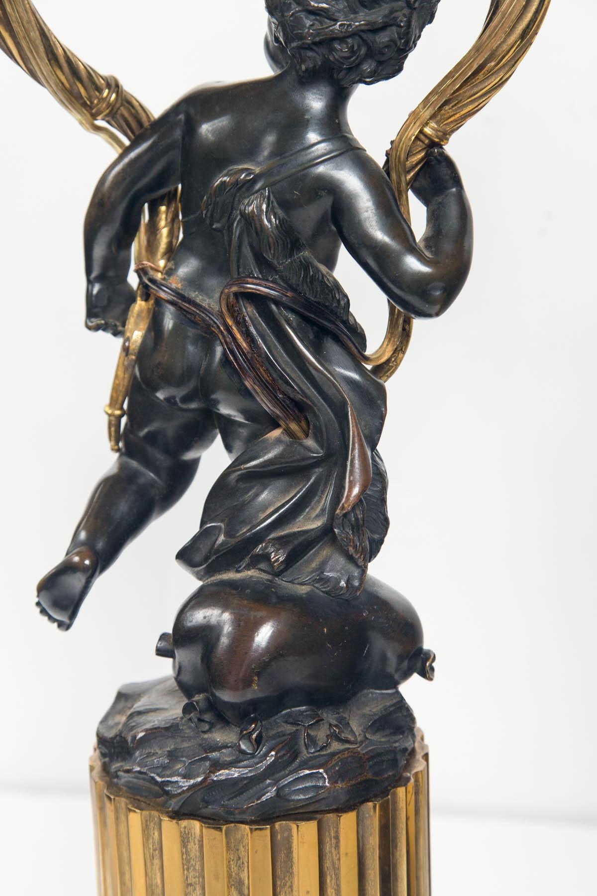 Pair of 19th Century, Patinated and Lacquered Bronze Putti Candelabra For Sale 4