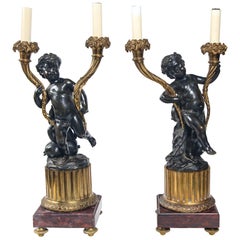 Pair of 19th Century, Patinated and Lacquered Bronze Putti Candelabra