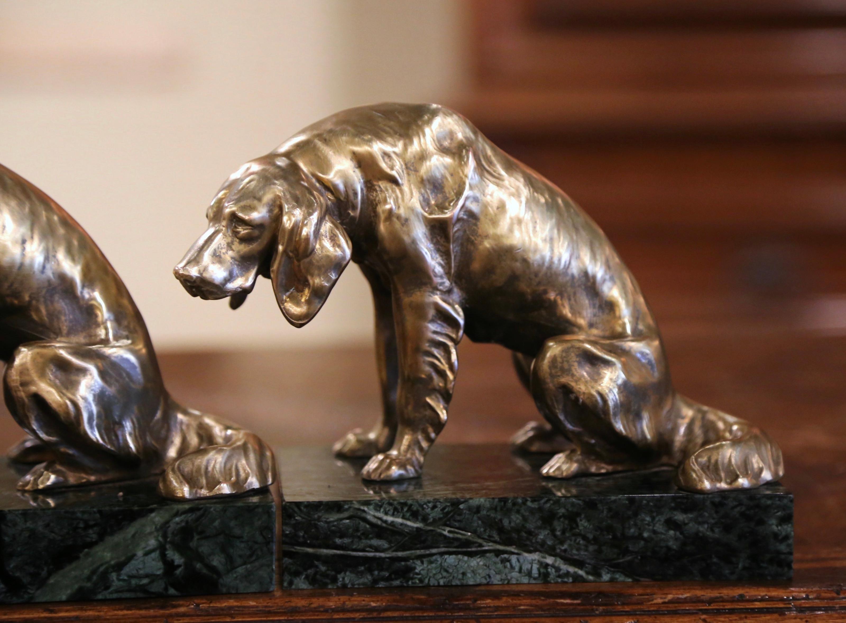 French Pair of 19th Century Patinated Bronze and Marble Dog Sculpture Bookends