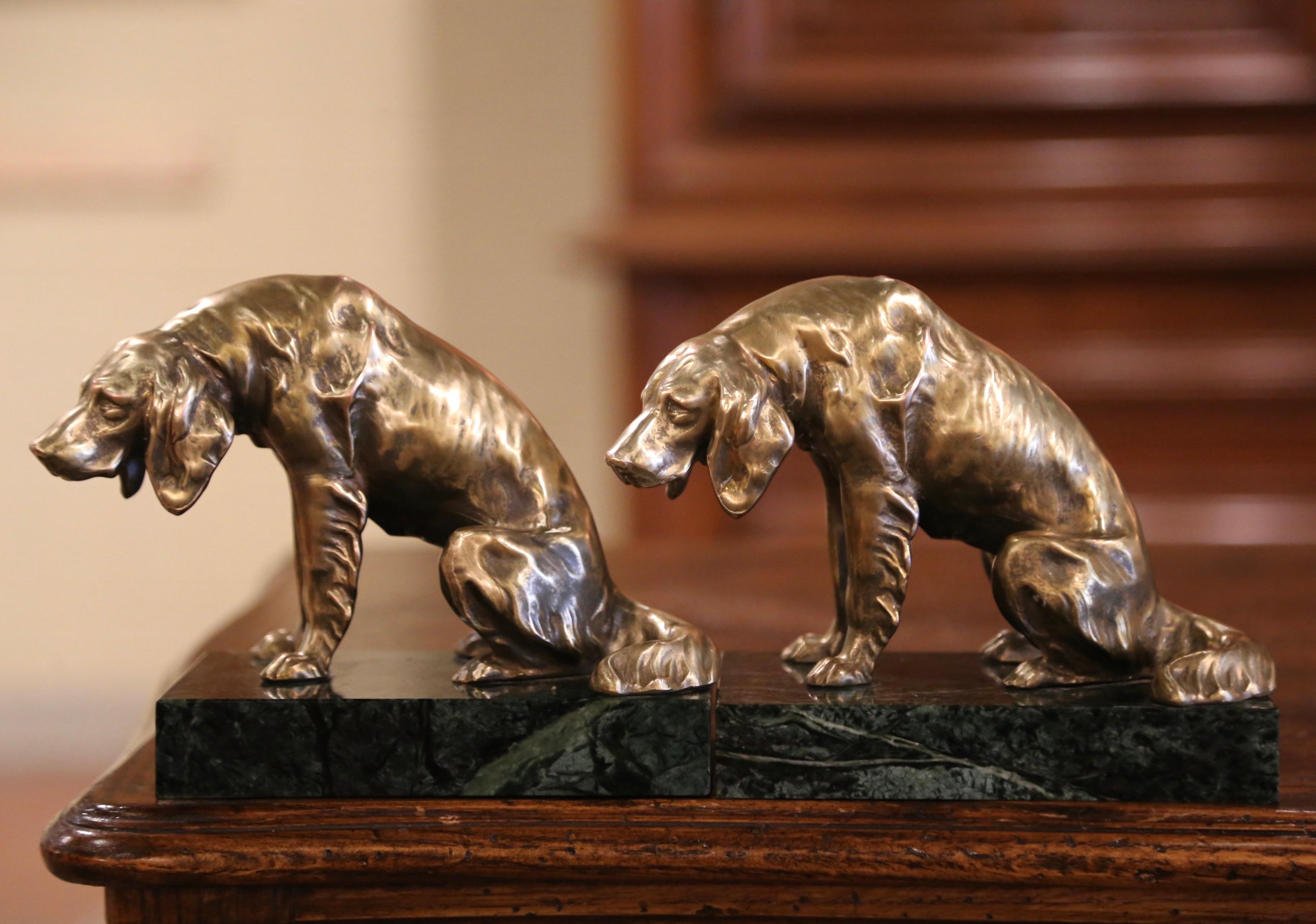 Cast Pair of 19th Century Patinated Bronze and Marble Dog Sculpture Bookends