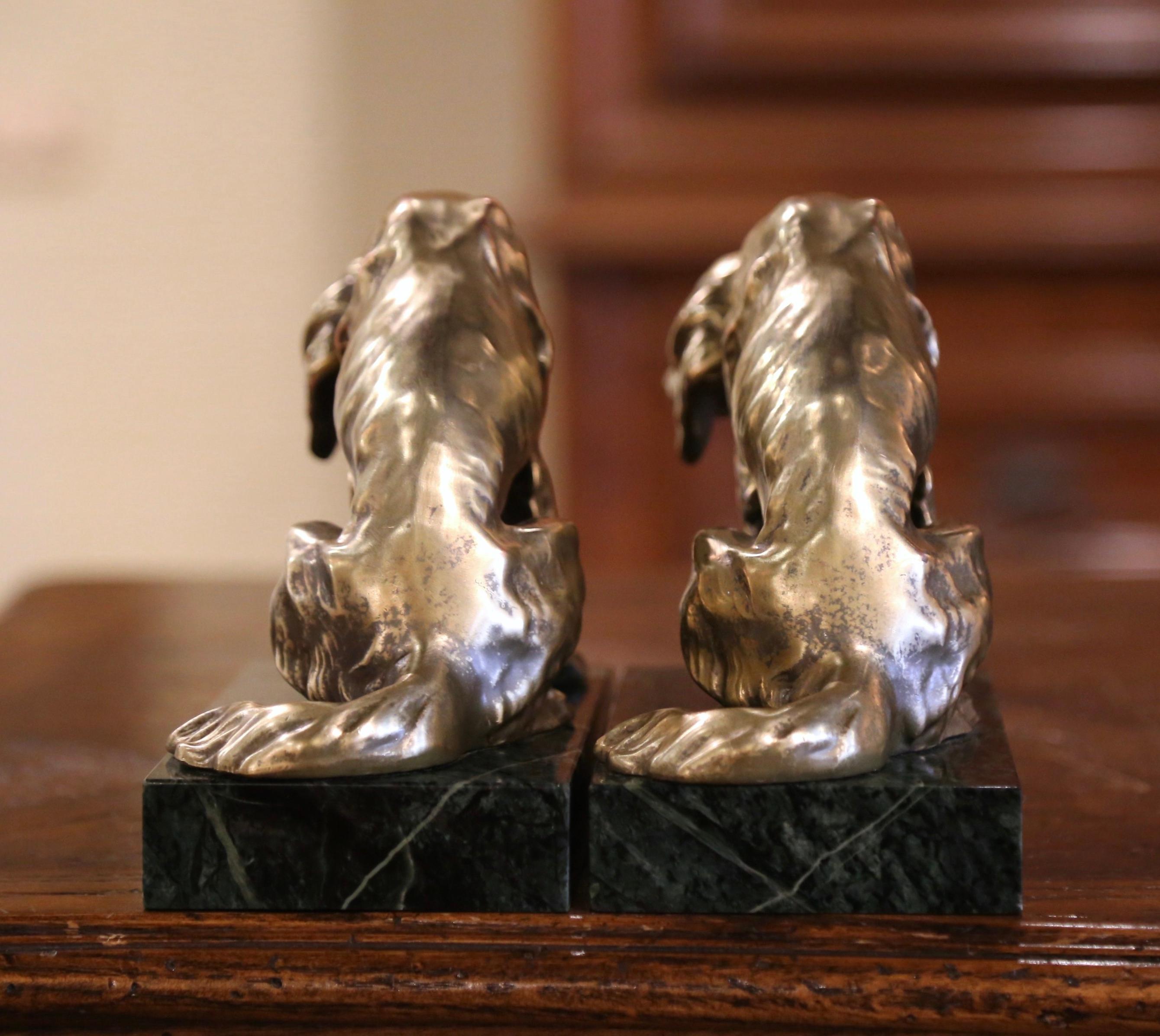 Pair of 19th Century Patinated Bronze and Marble Dog Sculpture Bookends 1