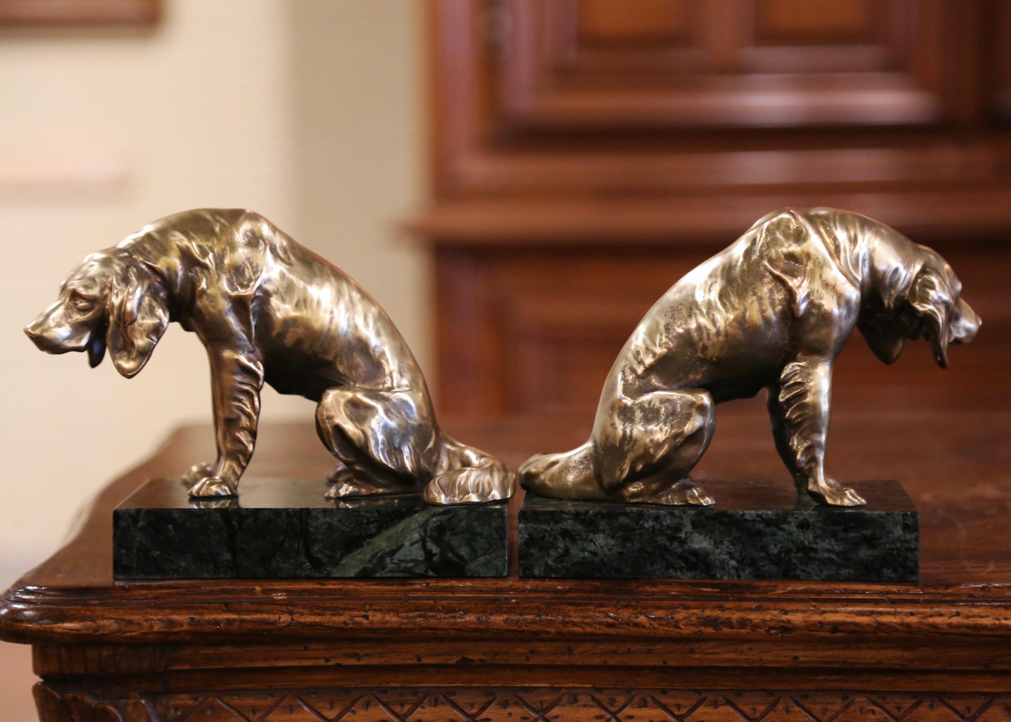Pair of 19th Century Patinated Bronze and Marble Dog Sculpture Bookends 2