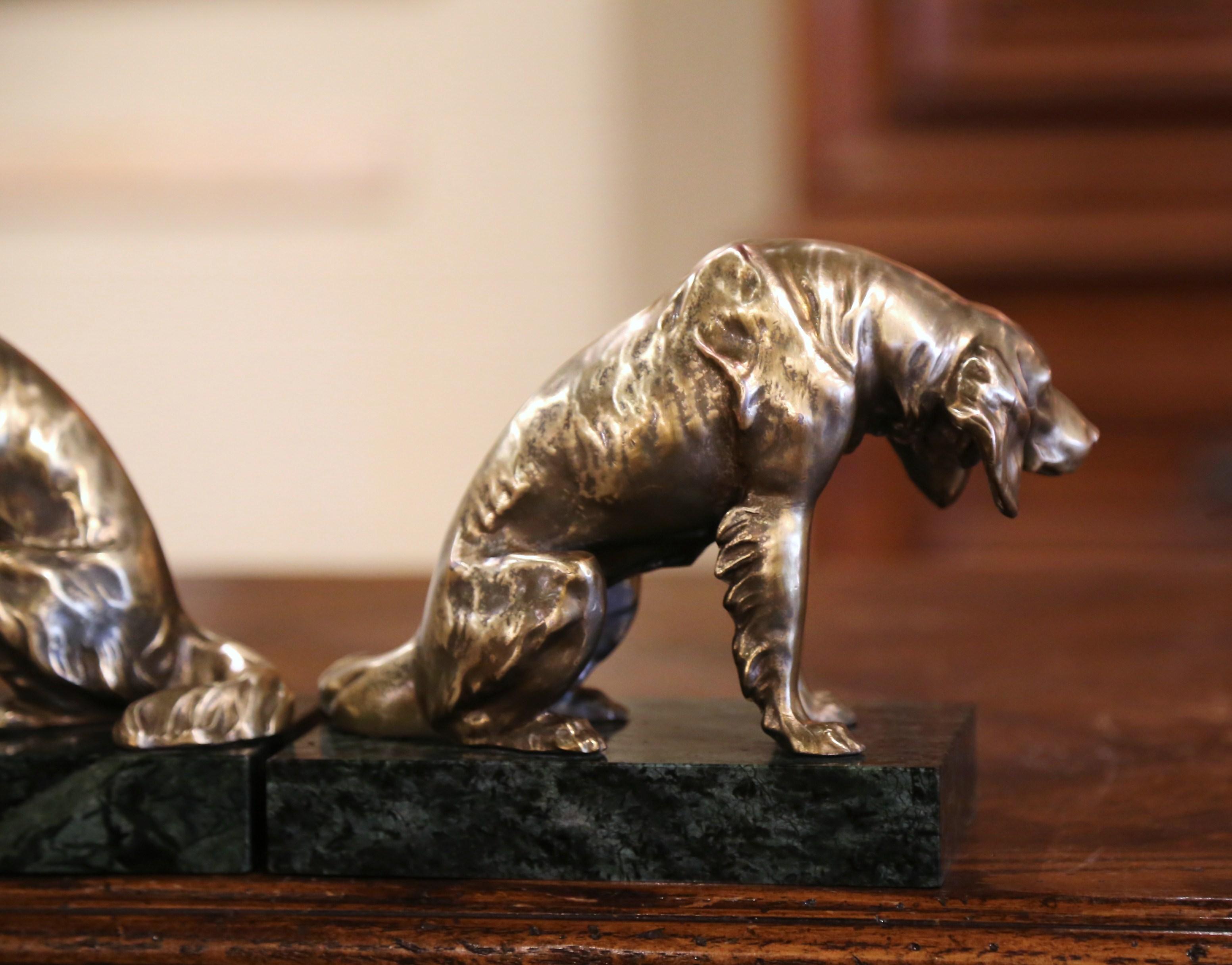 Pair of 19th Century Patinated Bronze and Marble Dog Sculpture Bookends 3