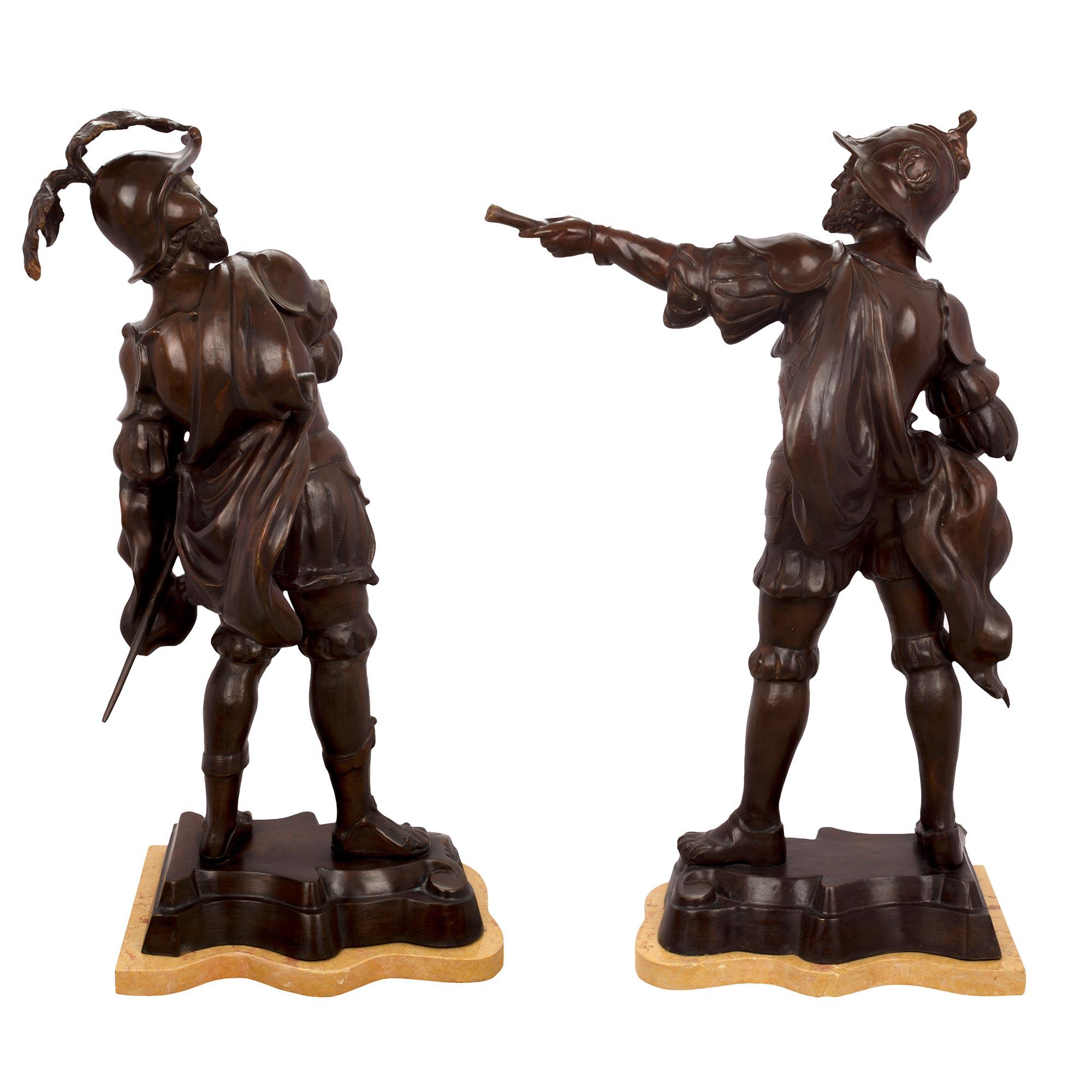French Pair of 19th Century Patinated Bronze and Sienna Marble Warrior Statues For Sale