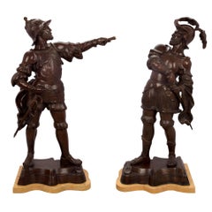 Pair of 19th Century Patinated Bronze and Sienna Marble Warrior Statues