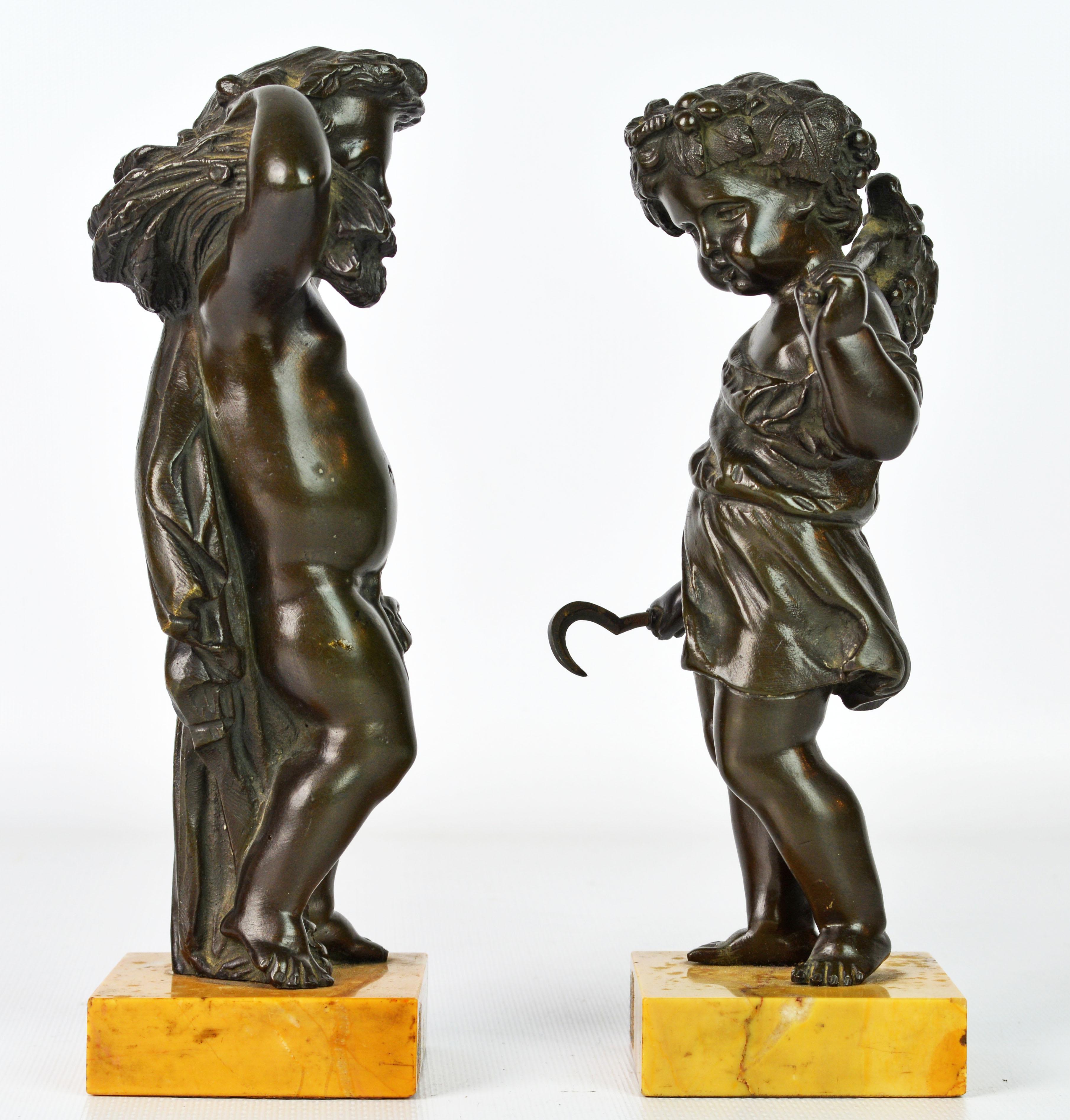 Baroque Pair of 19th Century Patinated Bronze Putti as Harvesters on Sienna Marble Bases