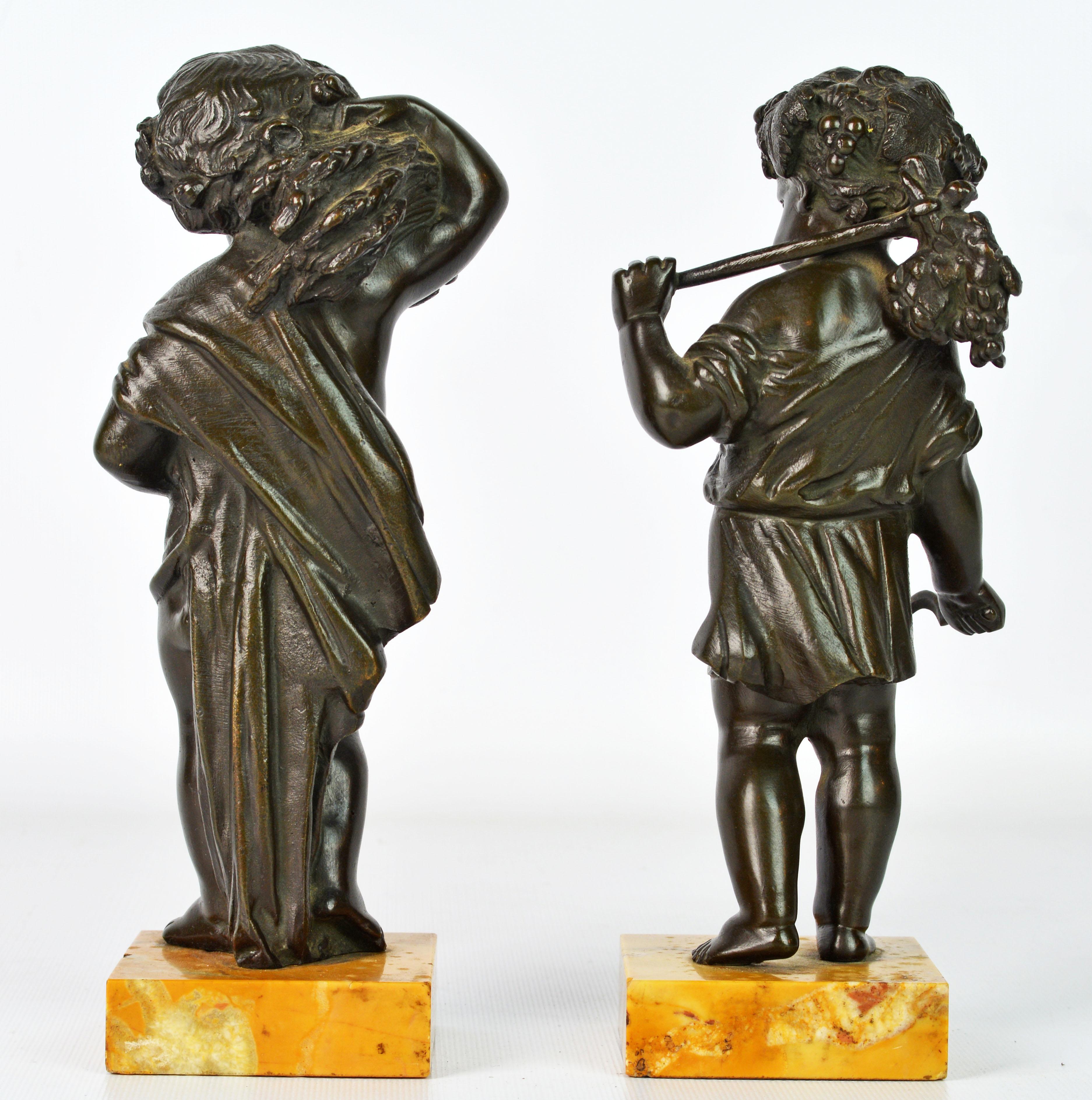 Italian Pair of 19th Century Patinated Bronze Putti as Harvesters on Sienna Marble Bases