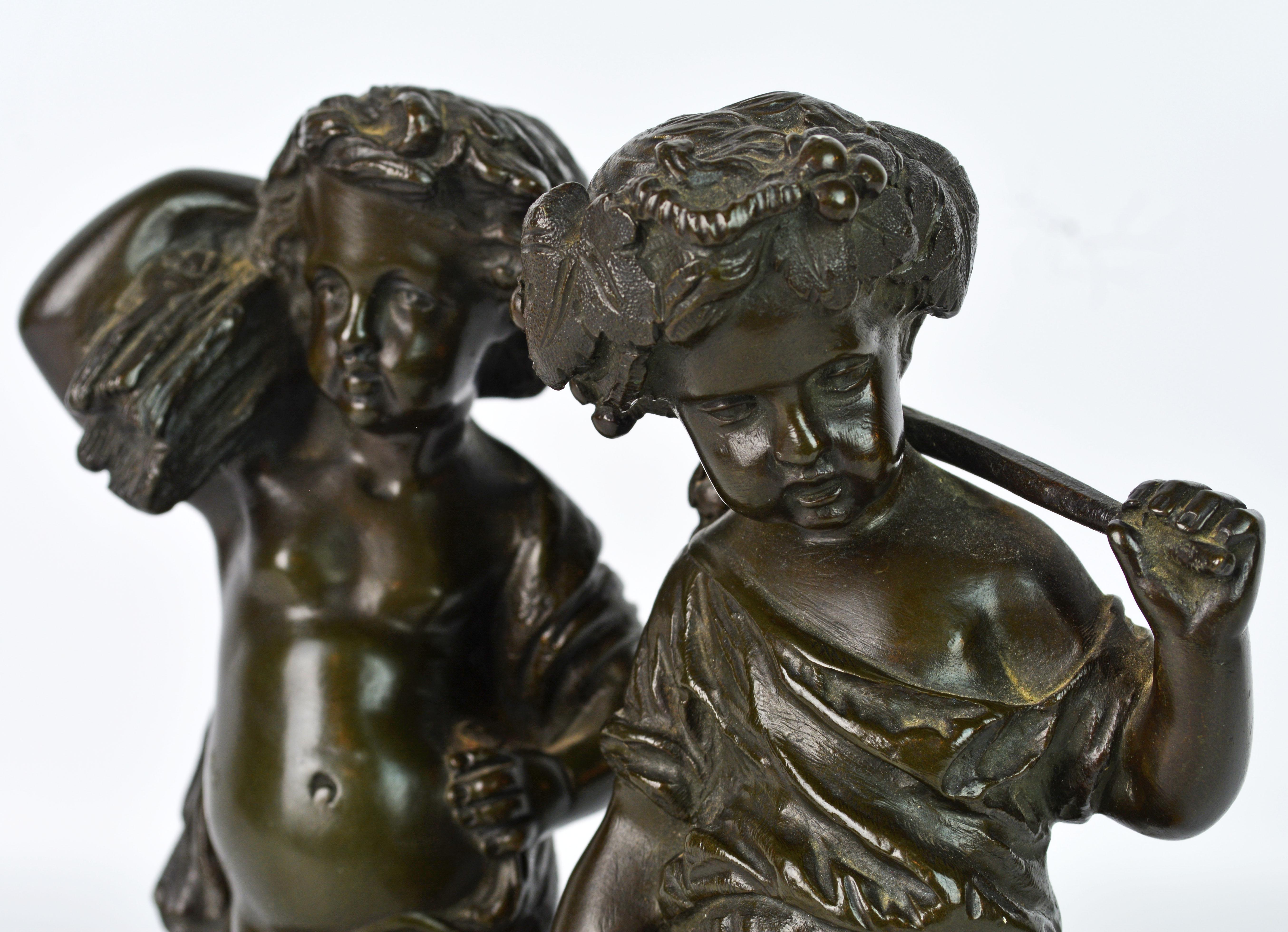 Pair of 19th Century Patinated Bronze Putti as Harvesters on Sienna Marble Bases In Good Condition In Ft. Lauderdale, FL