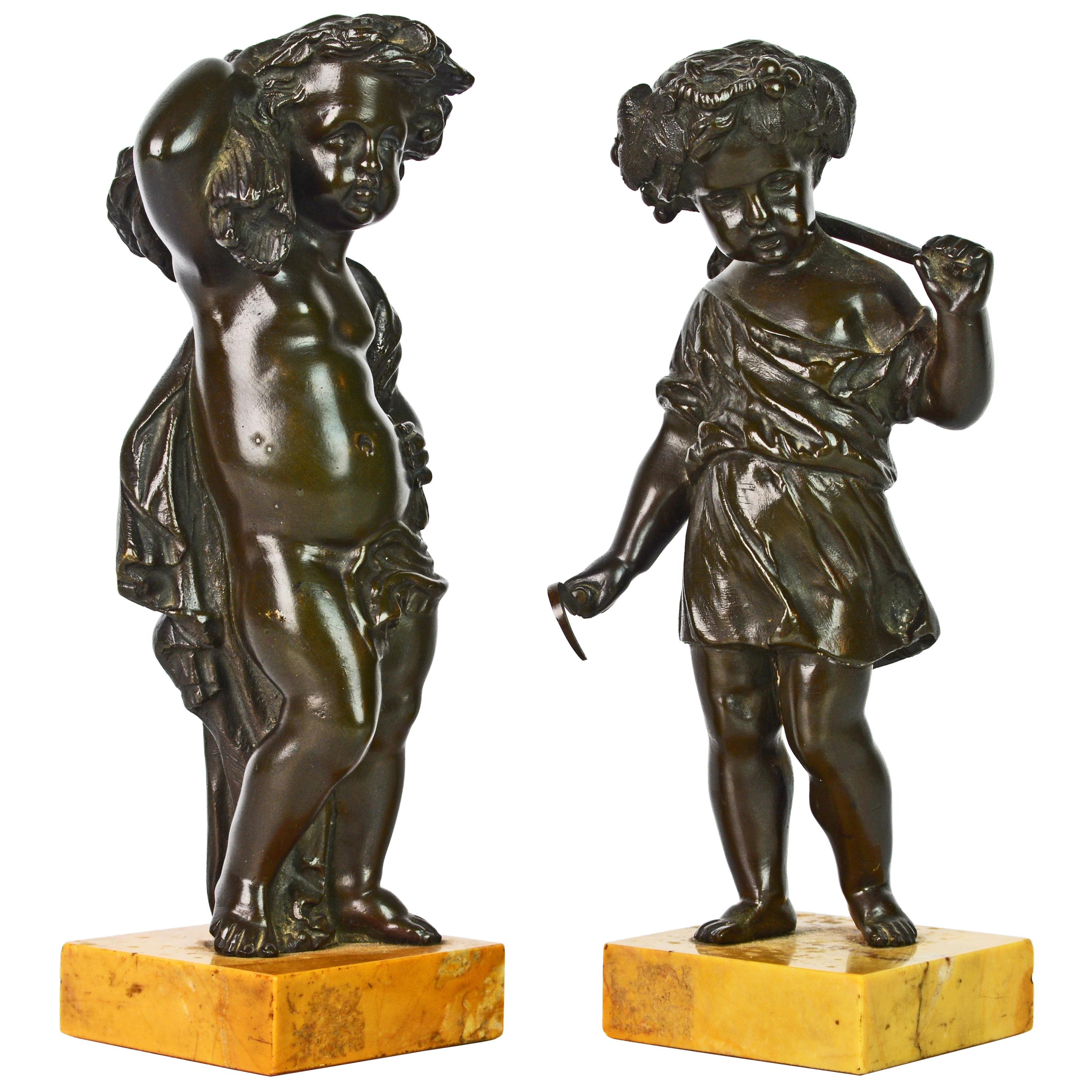 Pair of 19th Century Patinated Bronze Putti as Harvesters on Sienna Marble Bases
