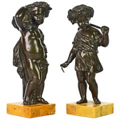 Used Pair of 19th Century Patinated Bronze Putti as Harvesters on Sienna Marble Bases