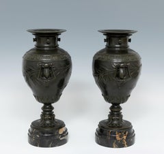 Pair of 19th Century Patinated Bronze Urns on Portoro Marble Bases, Signed H. Lu