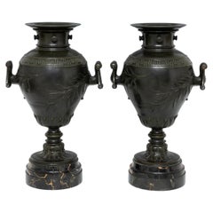 Pair of 19th Century Patinated Bronze Urns on Portoro Marble Bases, Signed H. Lu