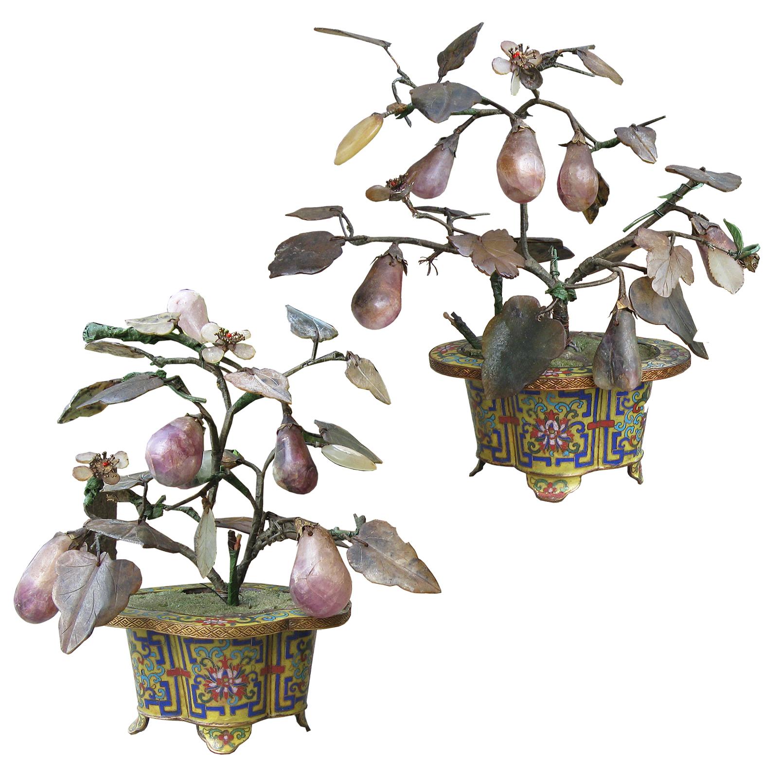 Pair of 19th Century Pear Fruit Hardstone Trees in Cloisonné Planters