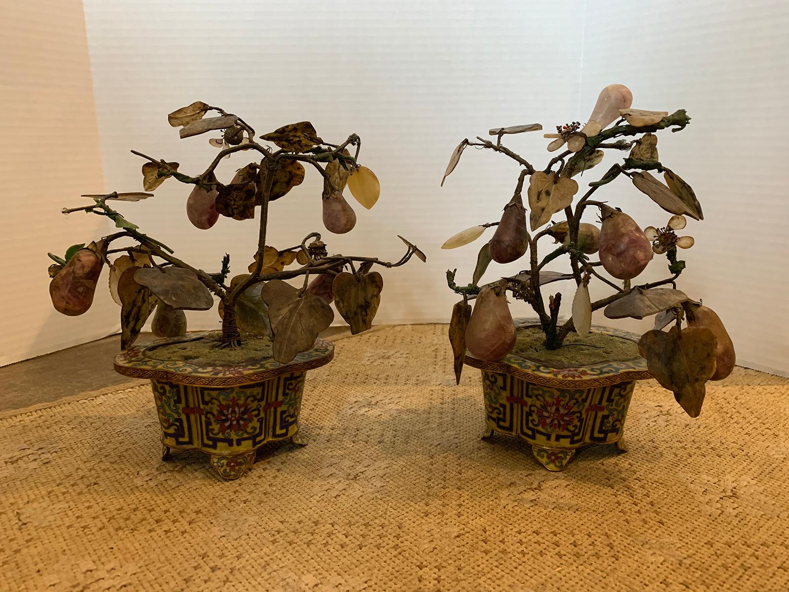Pair of 19th century pear fruit hardstone trees in cloisonné planters