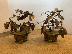 Pair of 19th Century Pear Fruit Hardstone Trees in Cloisonné Planters