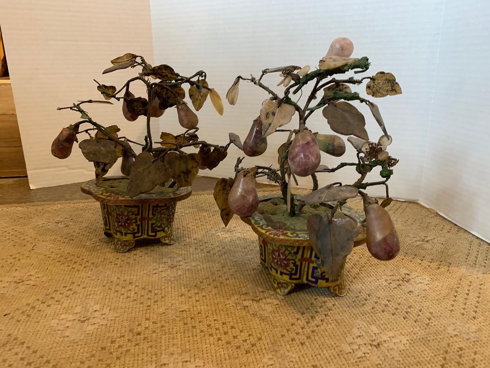 Pair of 19th Century Pear Fruit Hardstone Trees in Cloisonné Planters In Good Condition In Atlanta, GA