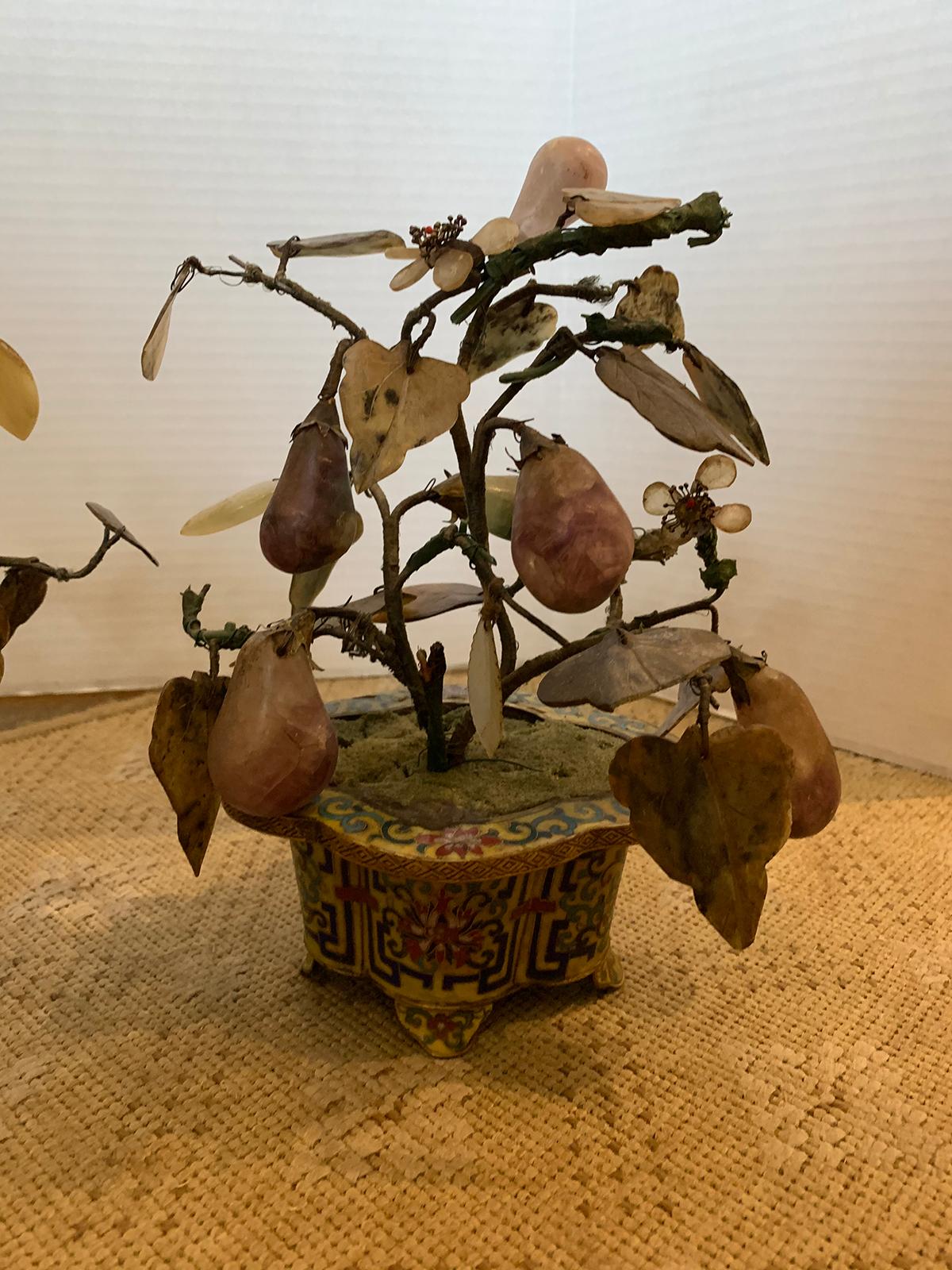 Pair of 19th Century Pear Fruit Hardstone Trees in Cloisonné Planters 4