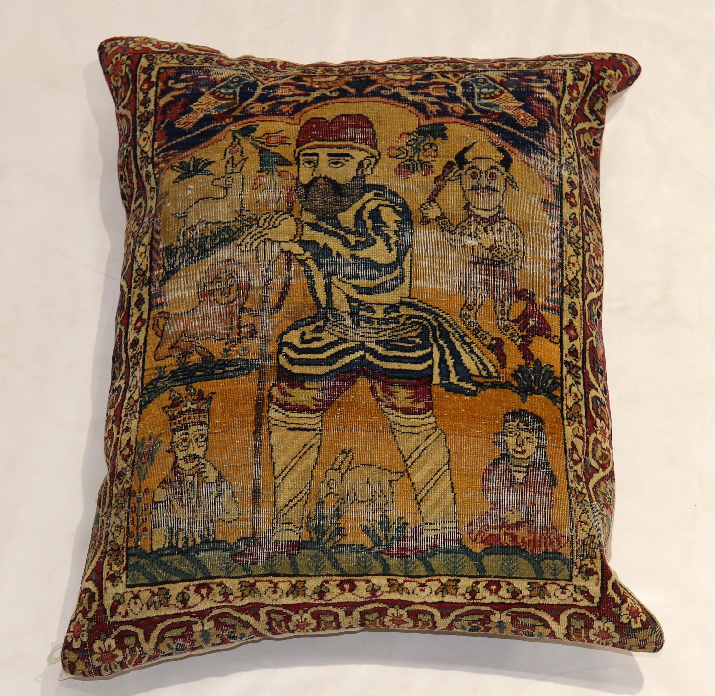 Tabriz Pair of 19th Century Persian Distressed Pictorial Rug Pillows