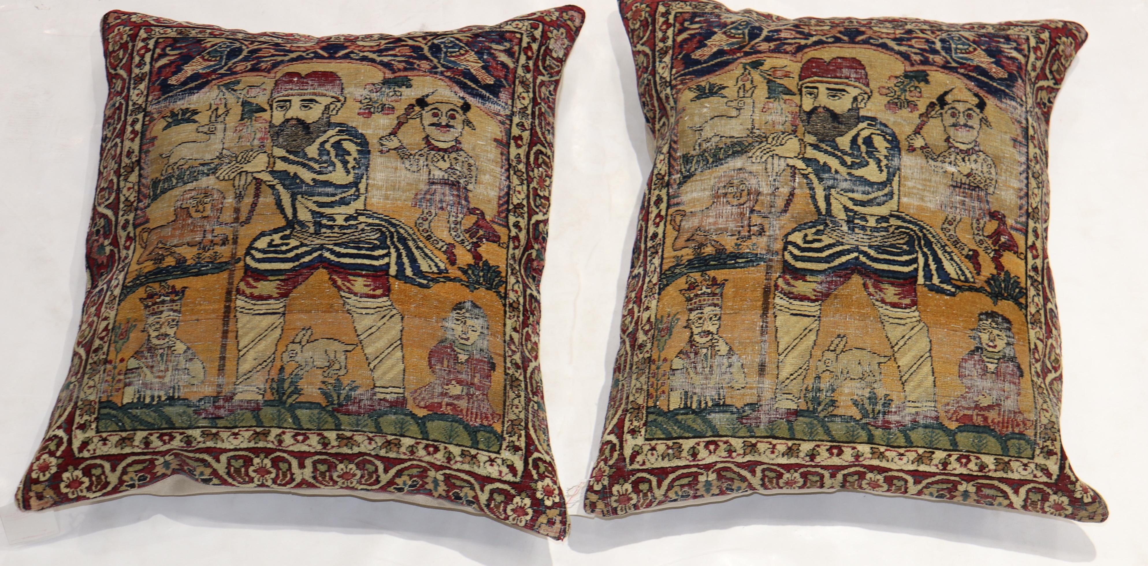 Pair of 19th Century Persian Distressed Pictorial Rug Pillows 4