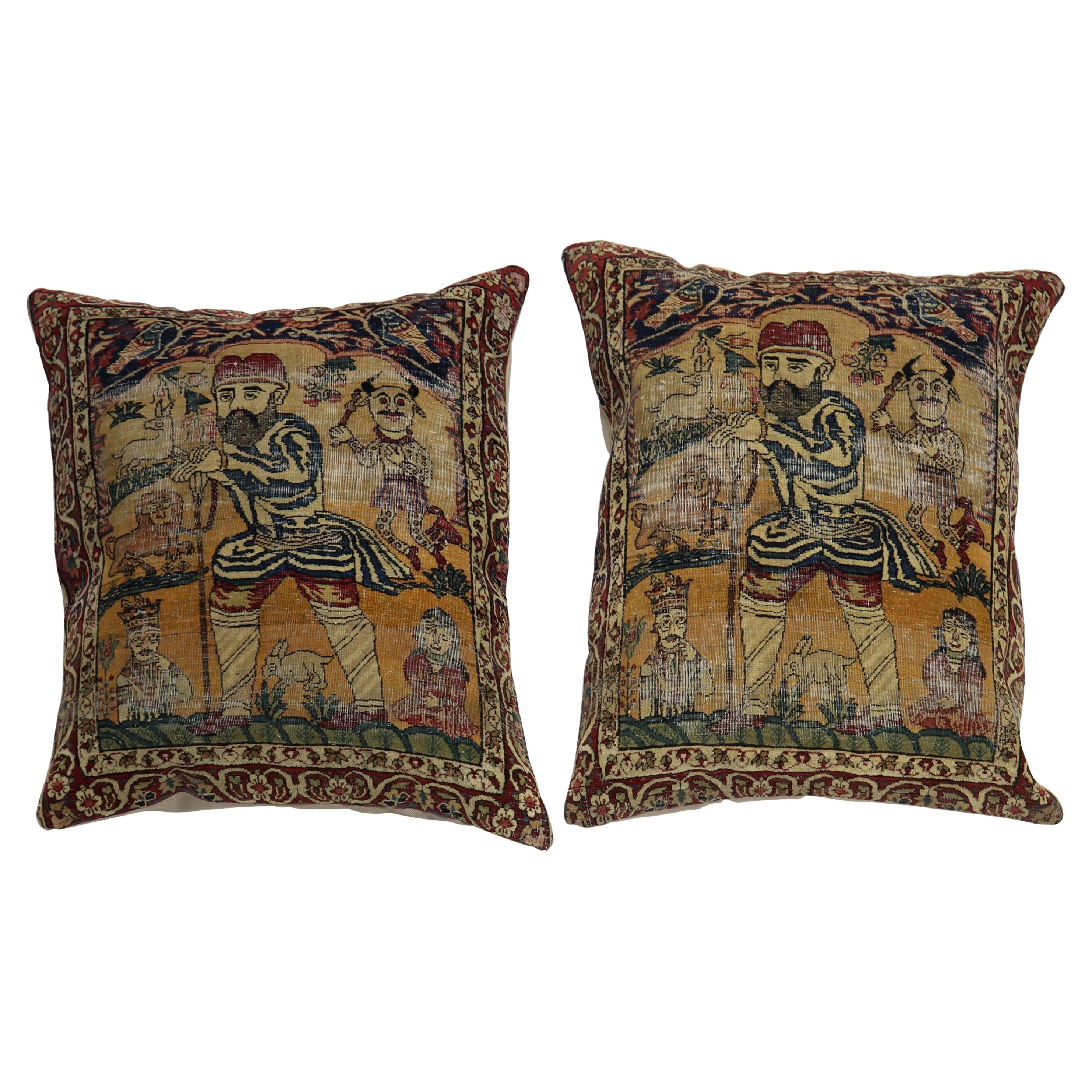 Pair of 19th Century Persian Distressed Pictorial Rug Pillows