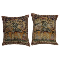 Pair of 19th Century Persian Distressed Pictorial Rug Pillows