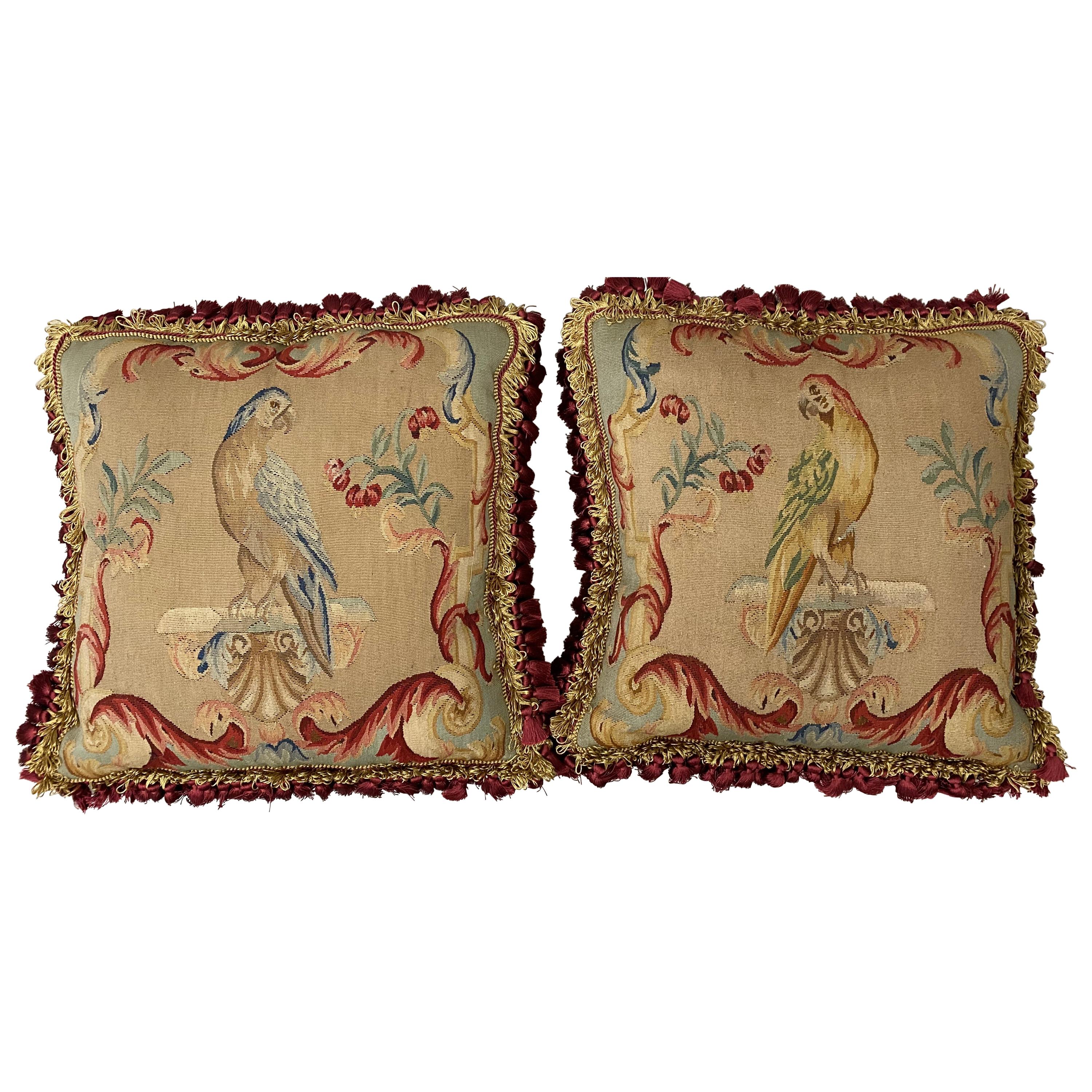 Pair of 19th Century Petit Point Panels over Mid-20th Century Pillows