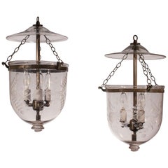 Pair of 19th Century Petite Bell Jar Lanterns with Floral Etching
