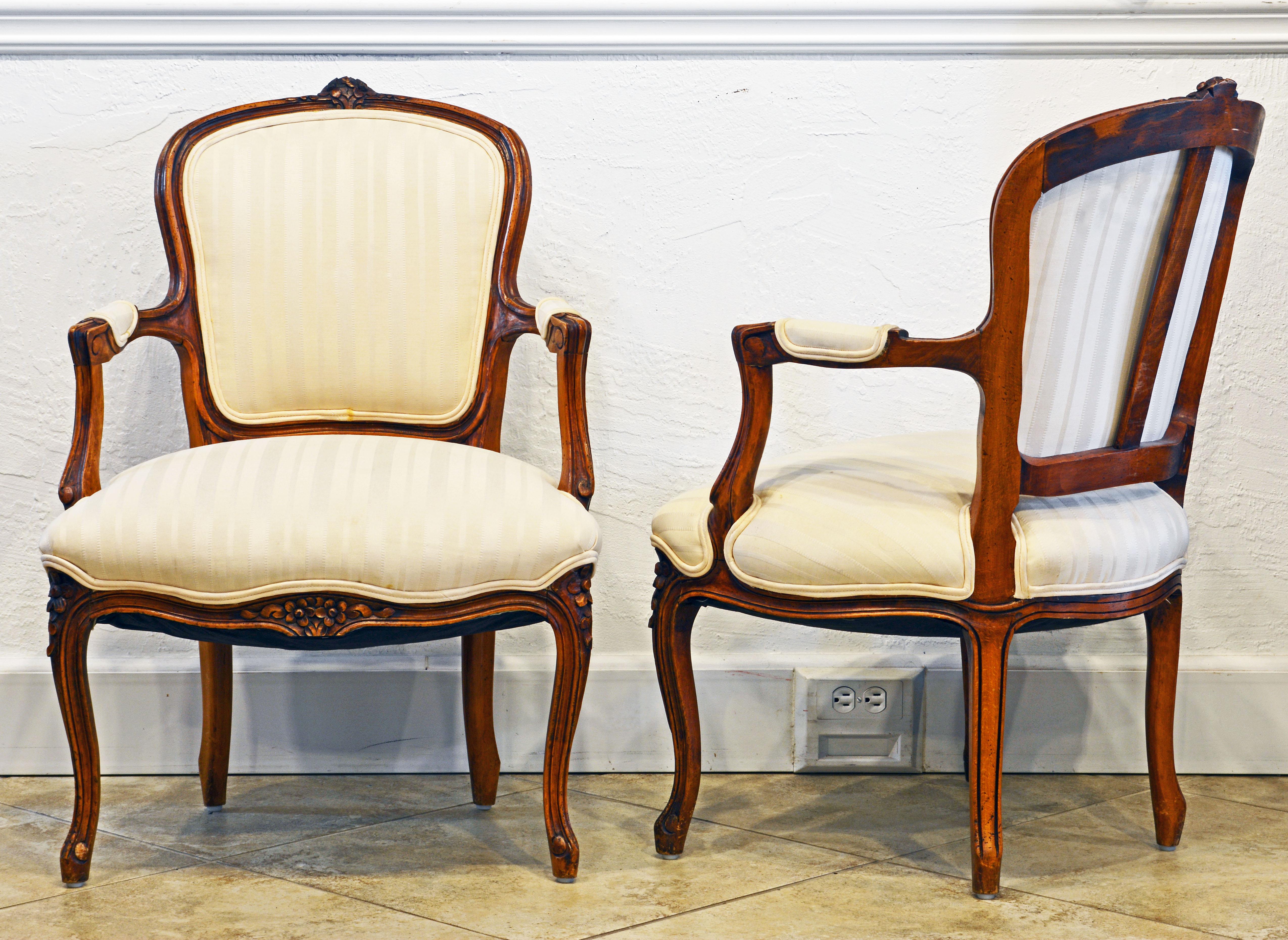 Pair of 19th Century Petite French Louis XV Style Carved Upholstered Armchairs In Good Condition In Ft. Lauderdale, FL