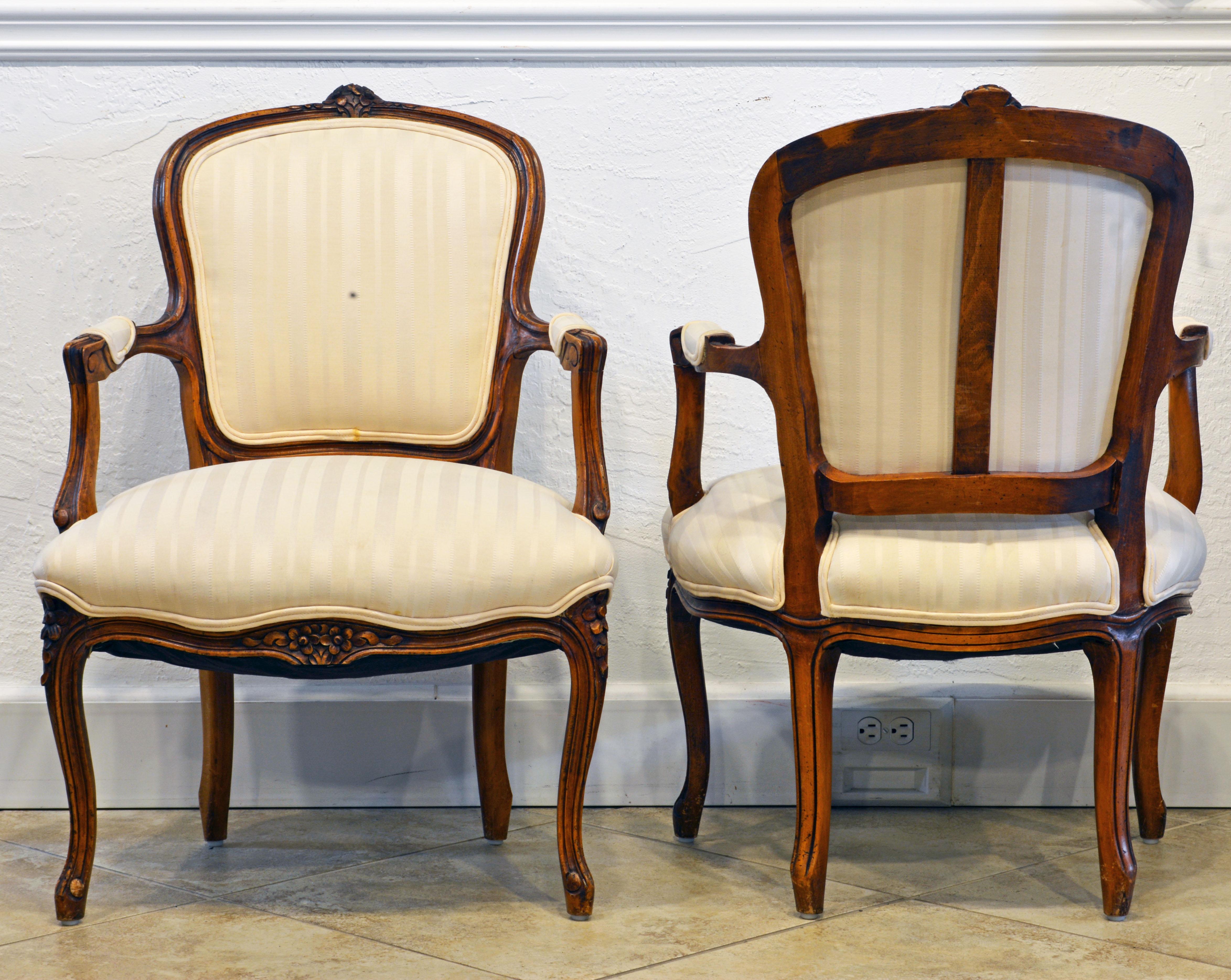 Fabric Pair of 19th Century Petite French Louis XV Style Carved Upholstered Armchairs