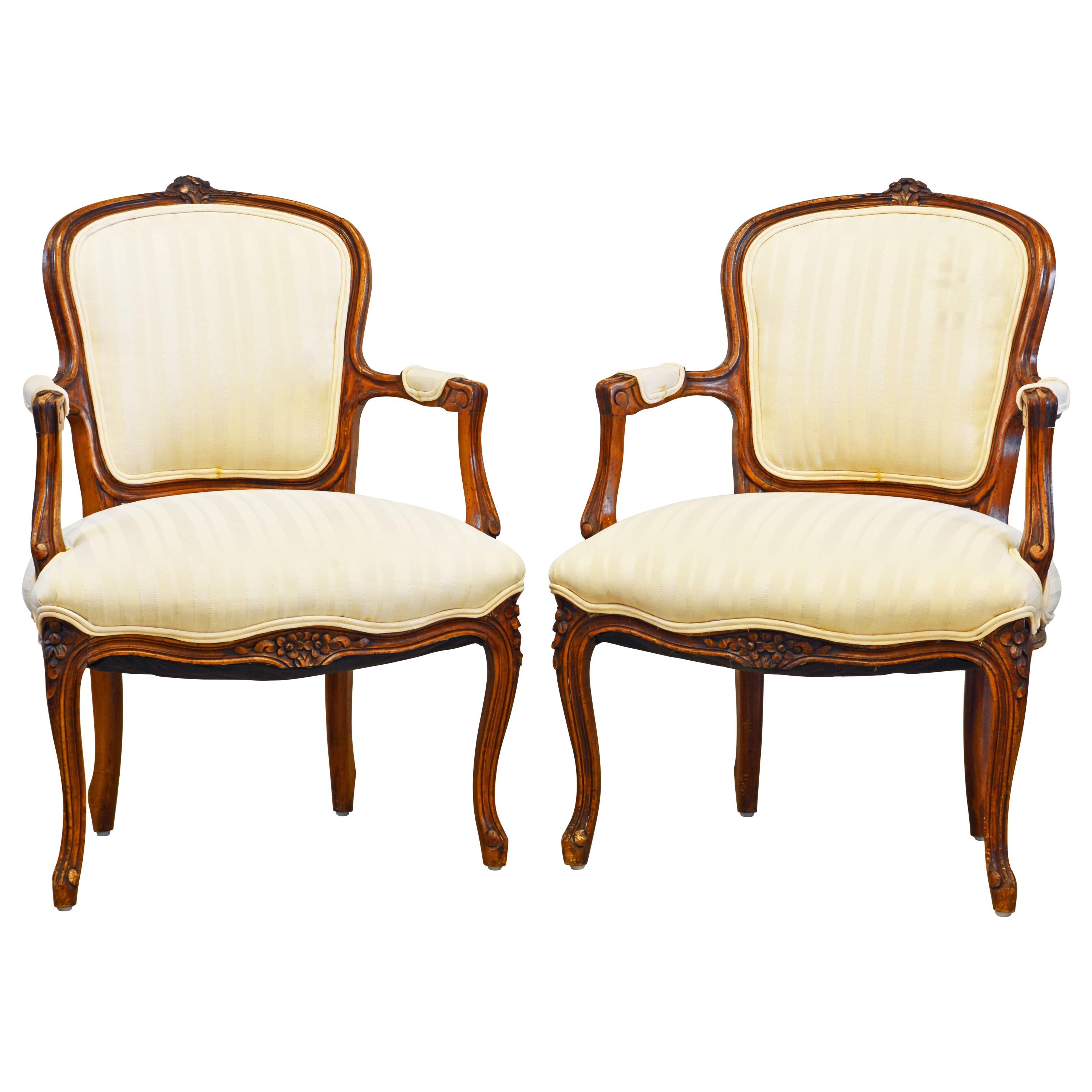 Pair of 19th Century Petite French Louis XV Style Carved Upholstered Armchairs